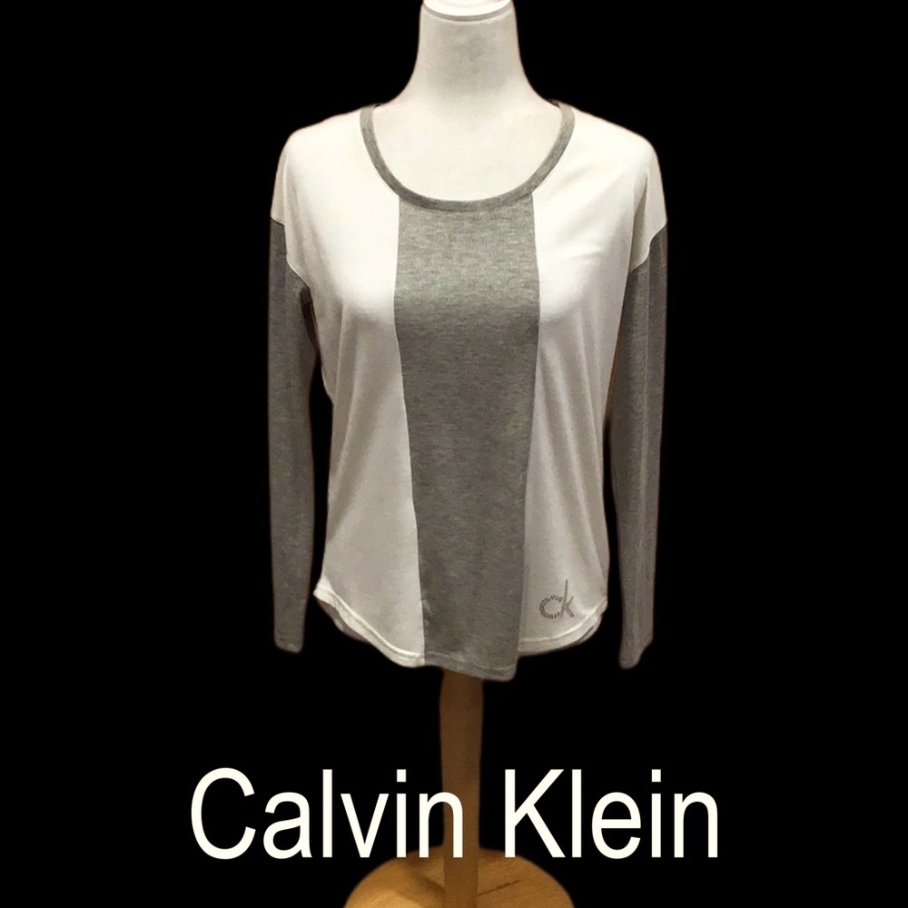 Calvin Klein Colorblock Long Sleeve Tunic,‎ Eggshell & Gray, Hi-Lo Hem, Size XS